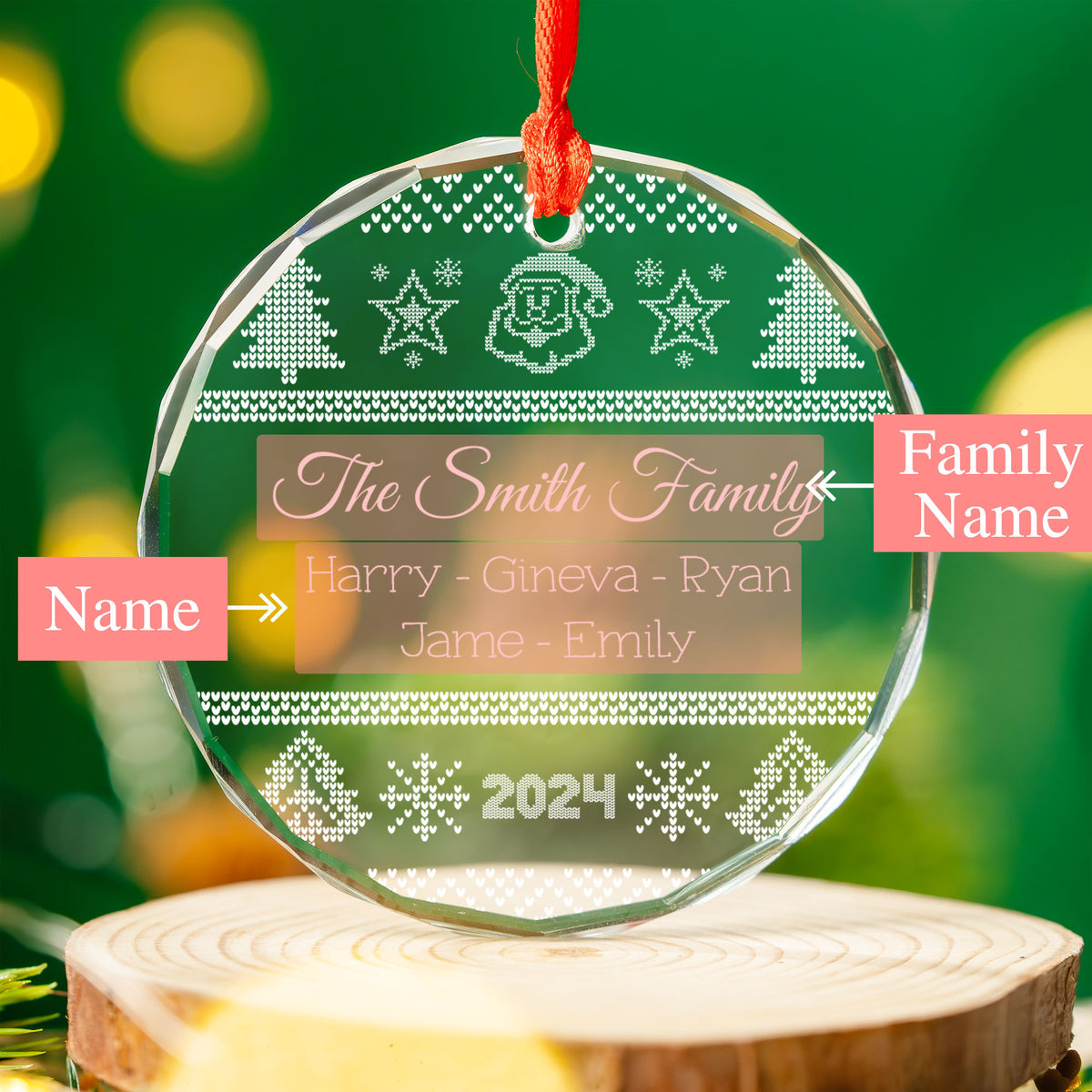 Personalized Ugly Sweater Family Name Glass Christmas Ornament with Pet's Name, Christmas Gift - image 3