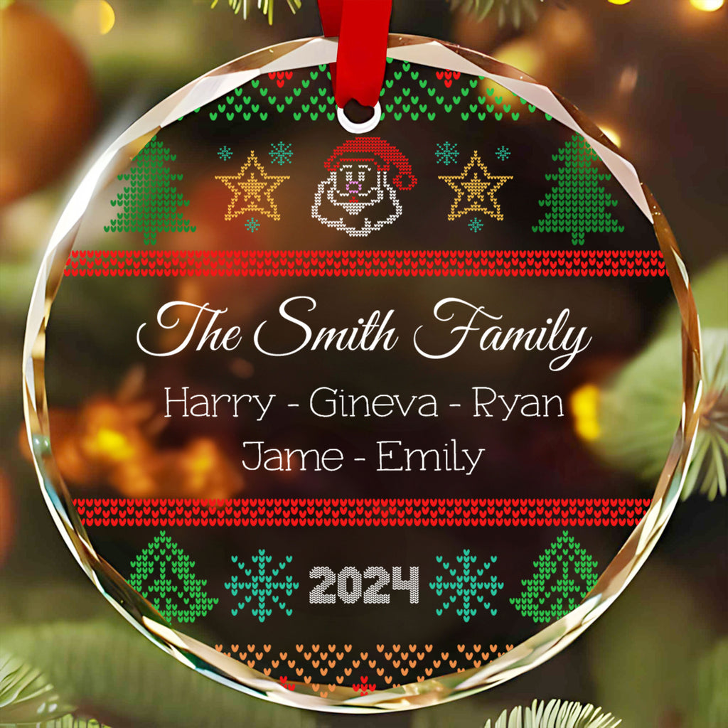 Personalized Ugly Sweater Family Glass Christmas Ornament with Pet Names, Funny Family Gift