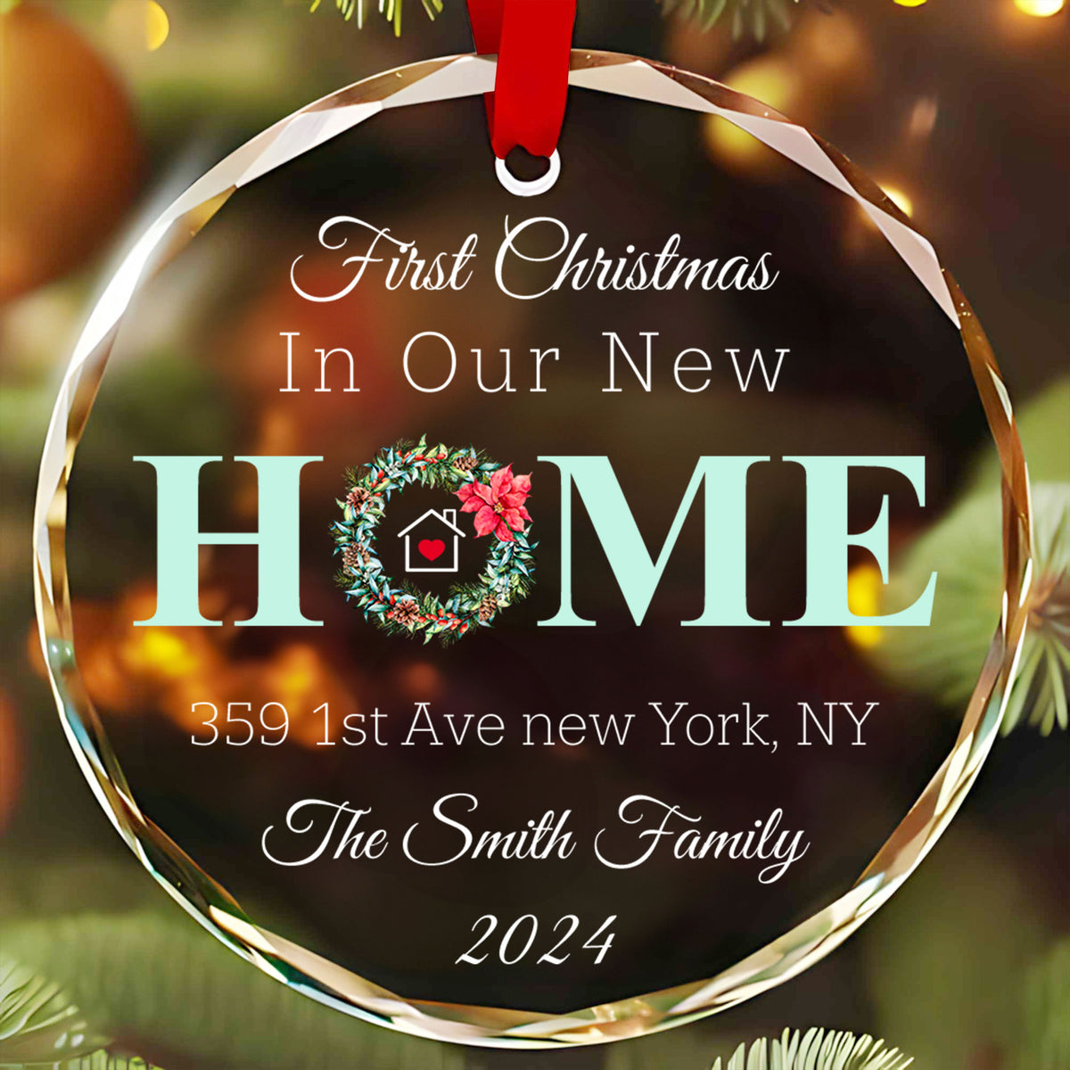 Personalized New House Address Glass Christmas Ornament, Housewarming Gift