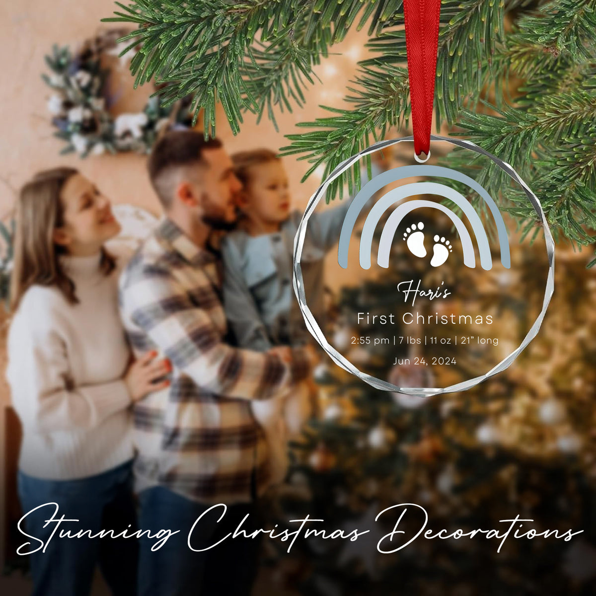 Personalized Rainbow Baby Boy Info Glass Christmas Ornament, Newborn Gift - image 6