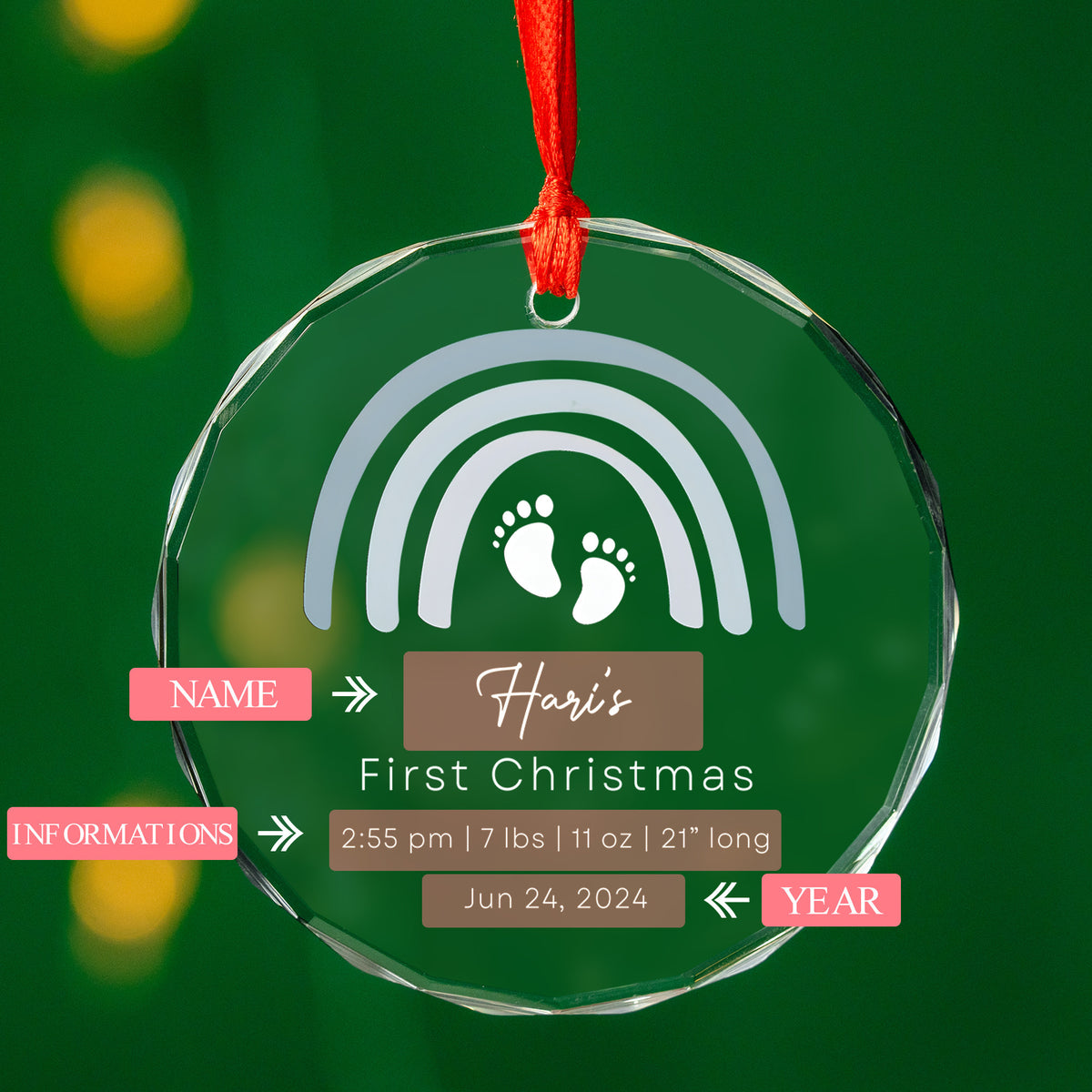 Personalized Rainbow Baby Boy Info Glass Christmas Ornament, Newborn Gift - image 8
