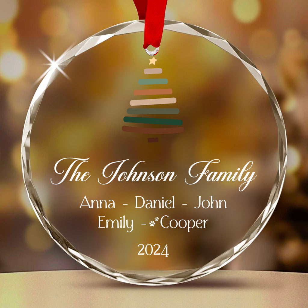 Personalized Family Name Glass Christmas Ornament with Pet Names, Christmas Family Keepsake
