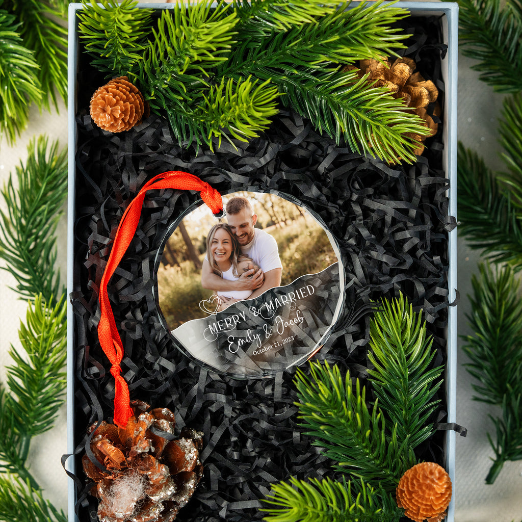Personalized Merry and Married First Christmas Glass Ornament, Wedding Gift - image 5