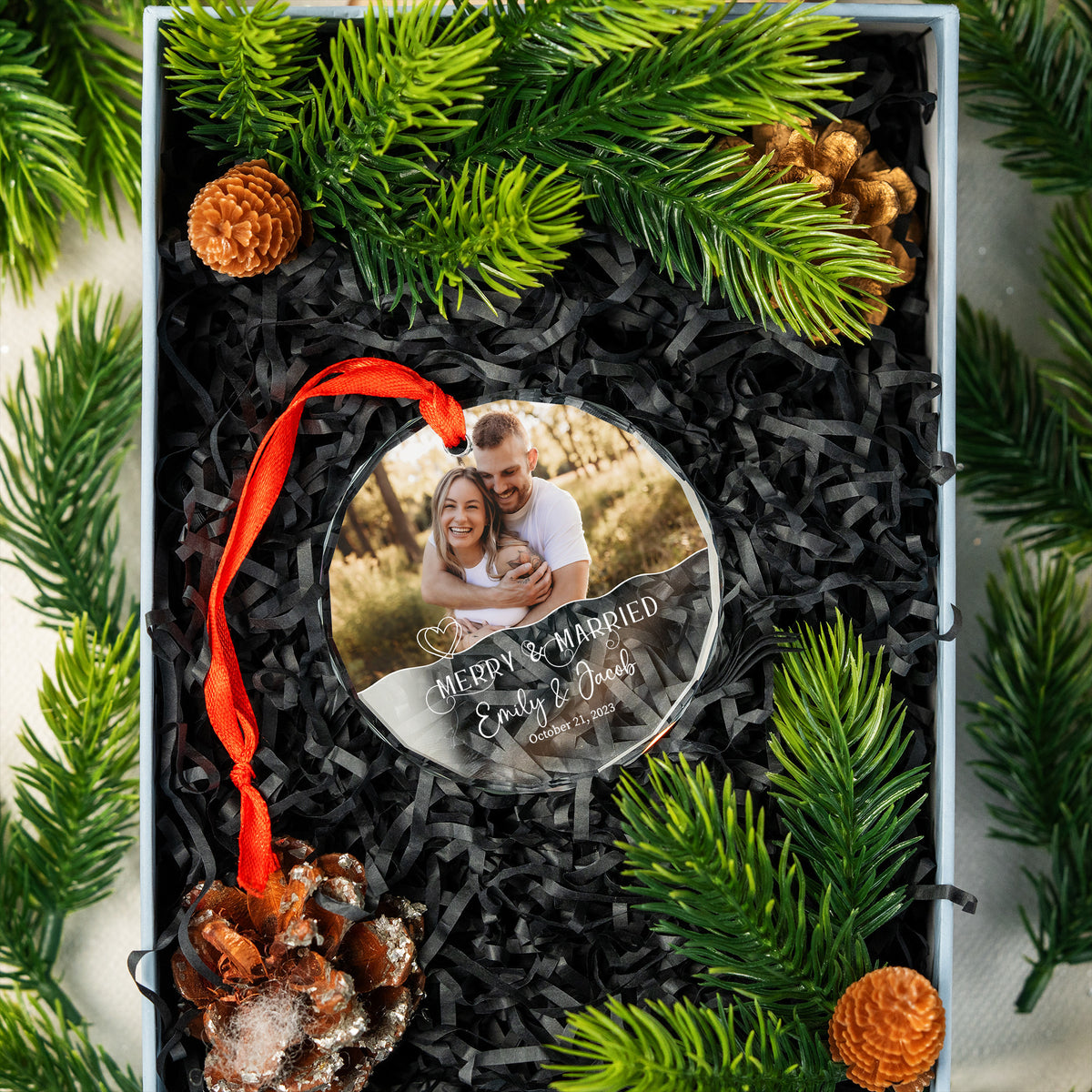 Personalized Merry and Married First Christmas Glass Ornament, Wedding Gift - image 5
