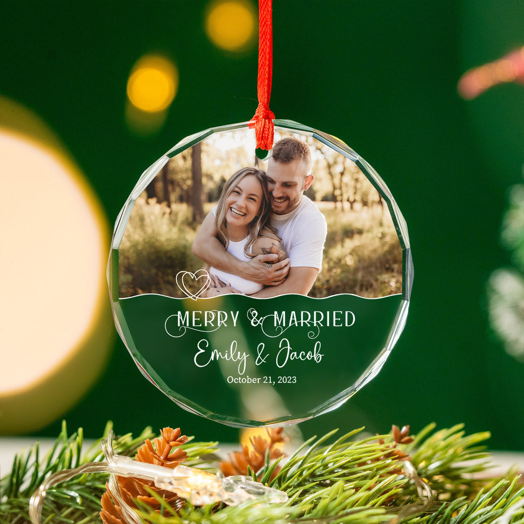 Personalized Merry and Married First Christmas Glass Ornament, Wedding Gift