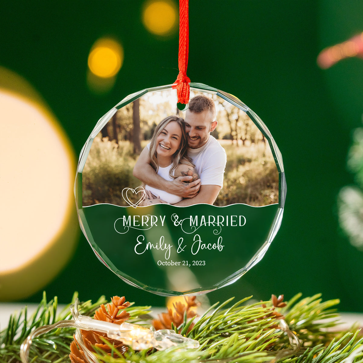 Personalized Merry and Married First Christmas Glass Ornament, Wedding Gift