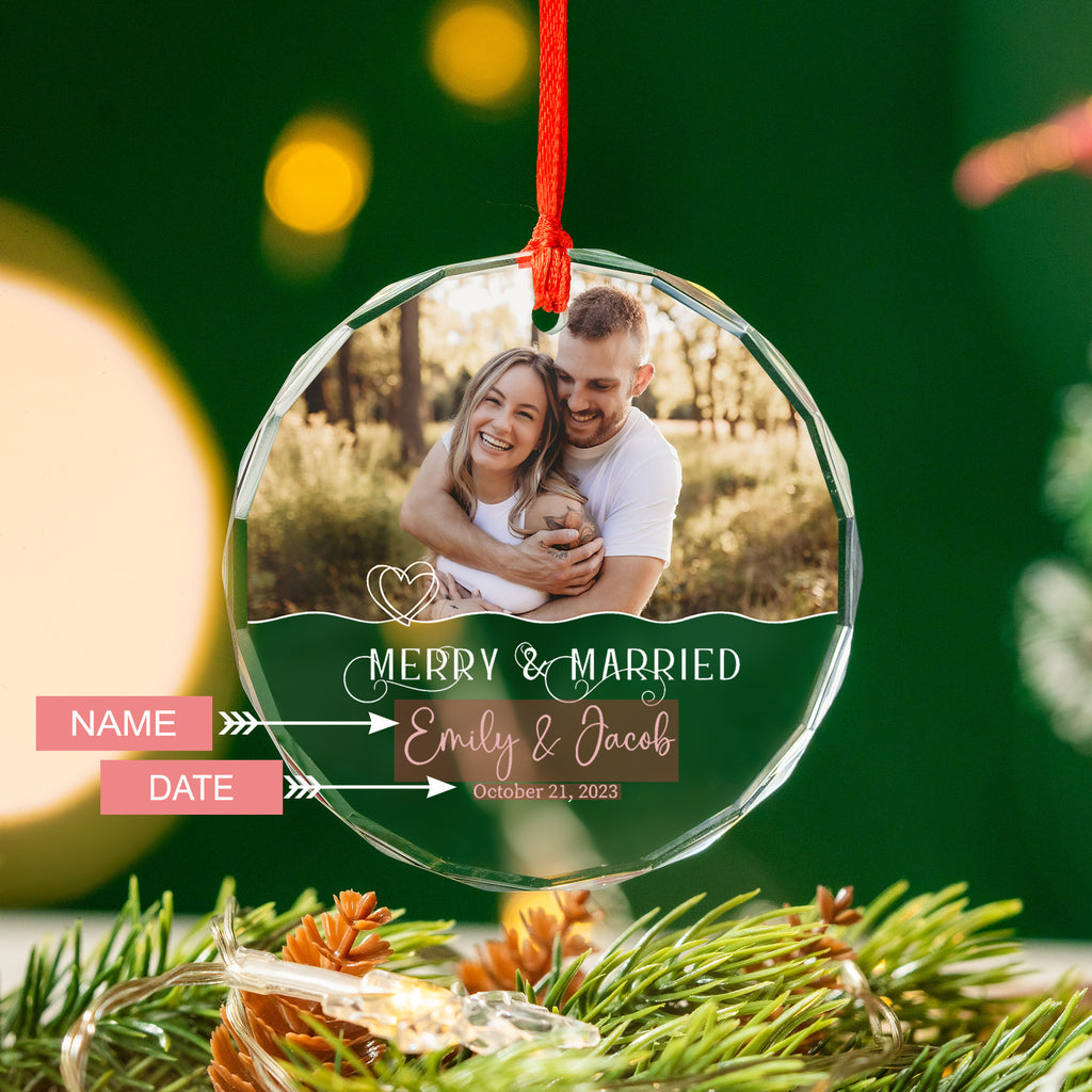 Personalized Merry and Married First Christmas Glass Ornament, Wedding Gift - image 2