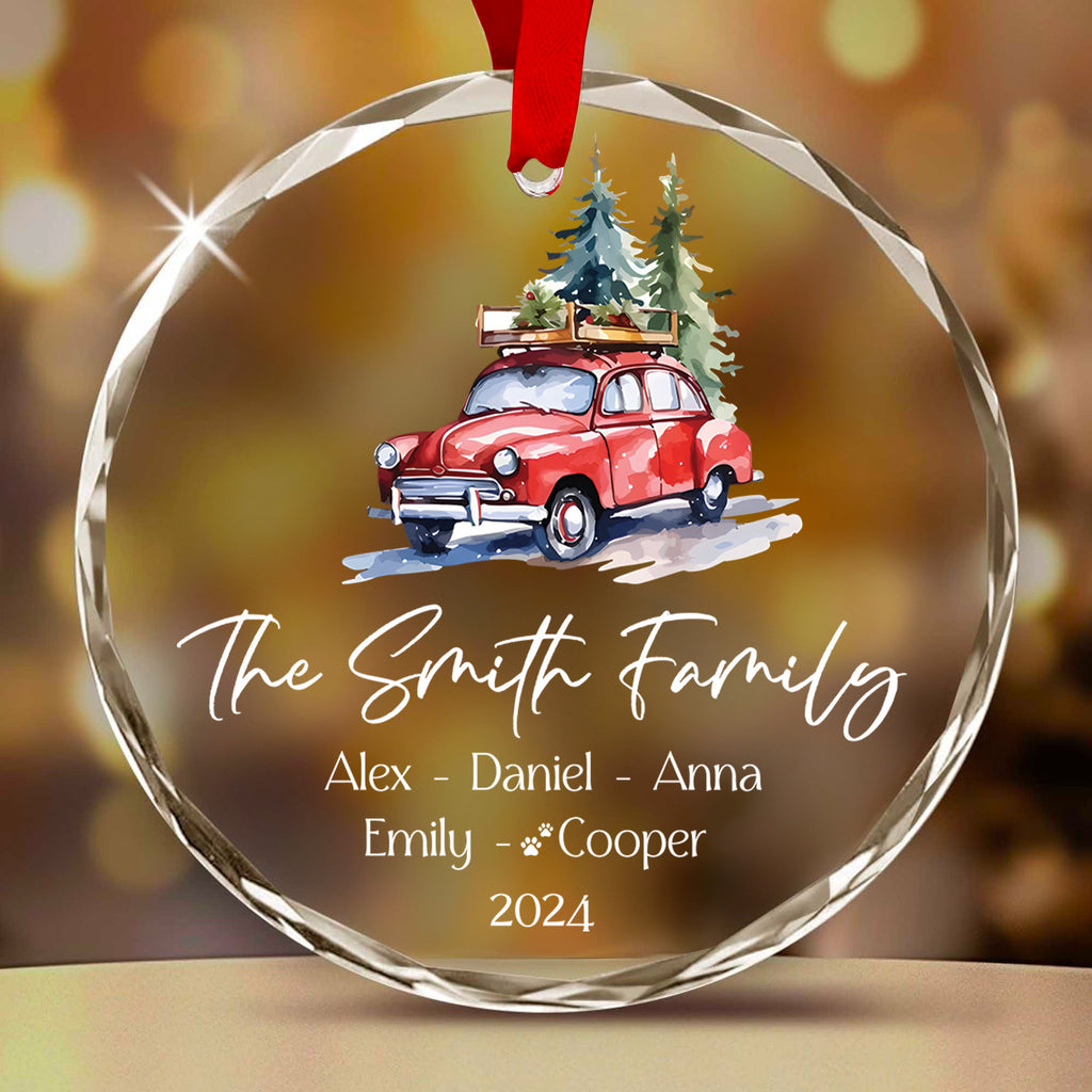 Personalized Red Truck Family Name Glass Christmas Ornament, Christmas Family Gift