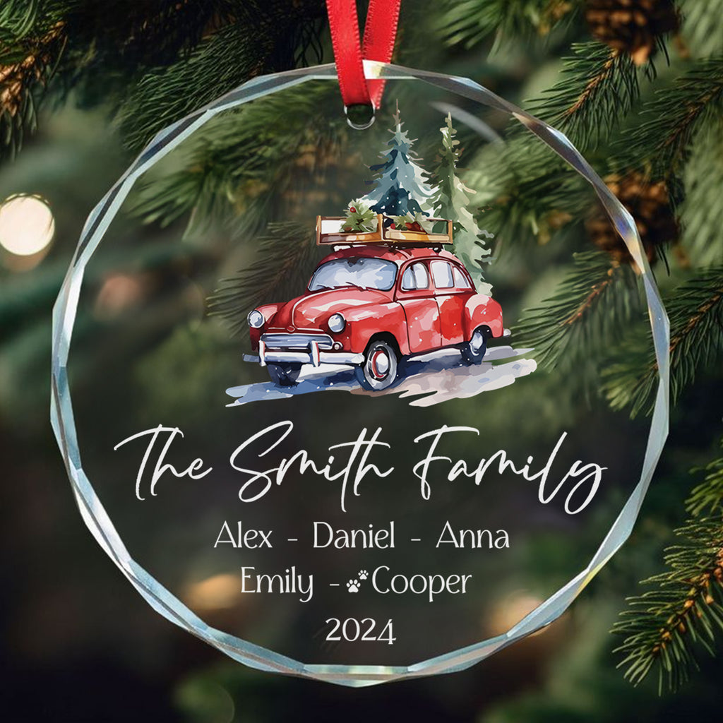 Personalized Red Truck Family Name Glass Christmas Ornament, Christmas Family Gift - image 2