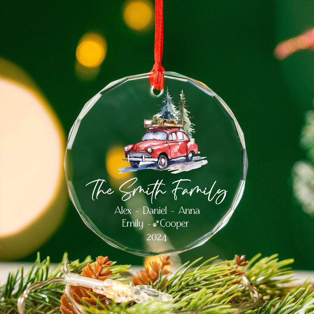 Personalized Red Truck Family Name Glass Christmas Ornament, Christmas Family Gift - image 3
