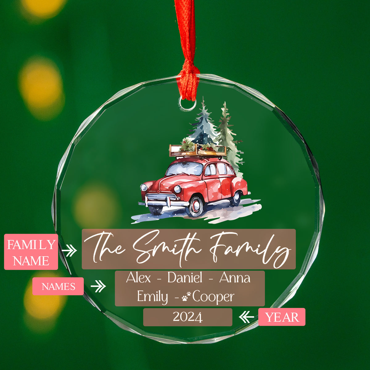 Personalized Red Truck Family Name Glass Christmas Ornament, Christmas Family Gift - image 8
