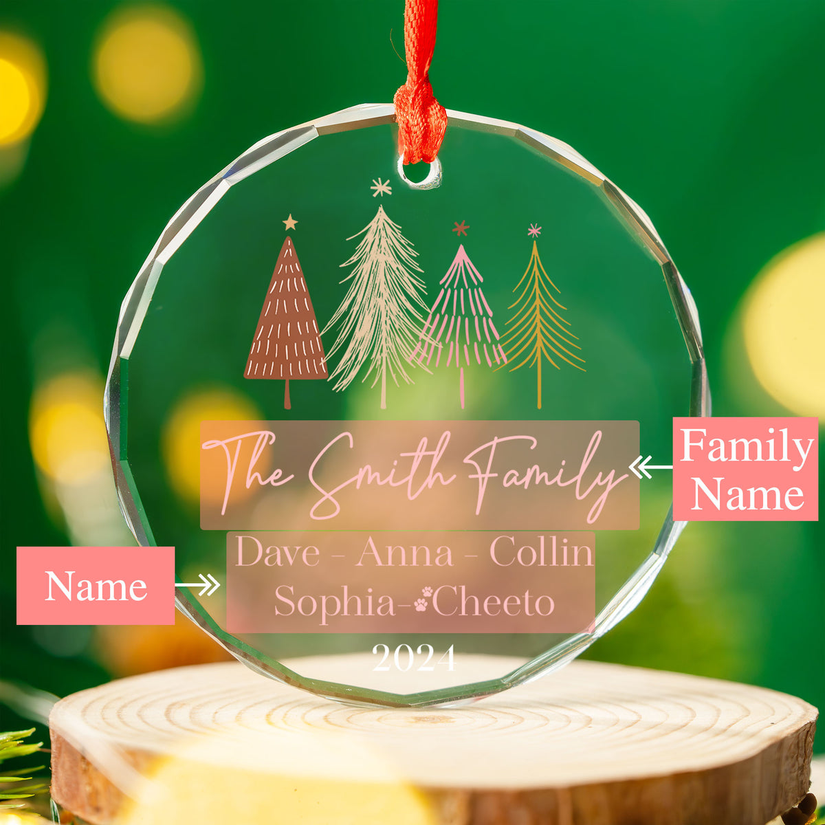 Personalized Christmas Trees Family Names Glass Ornament, Holiday Gift - image 5