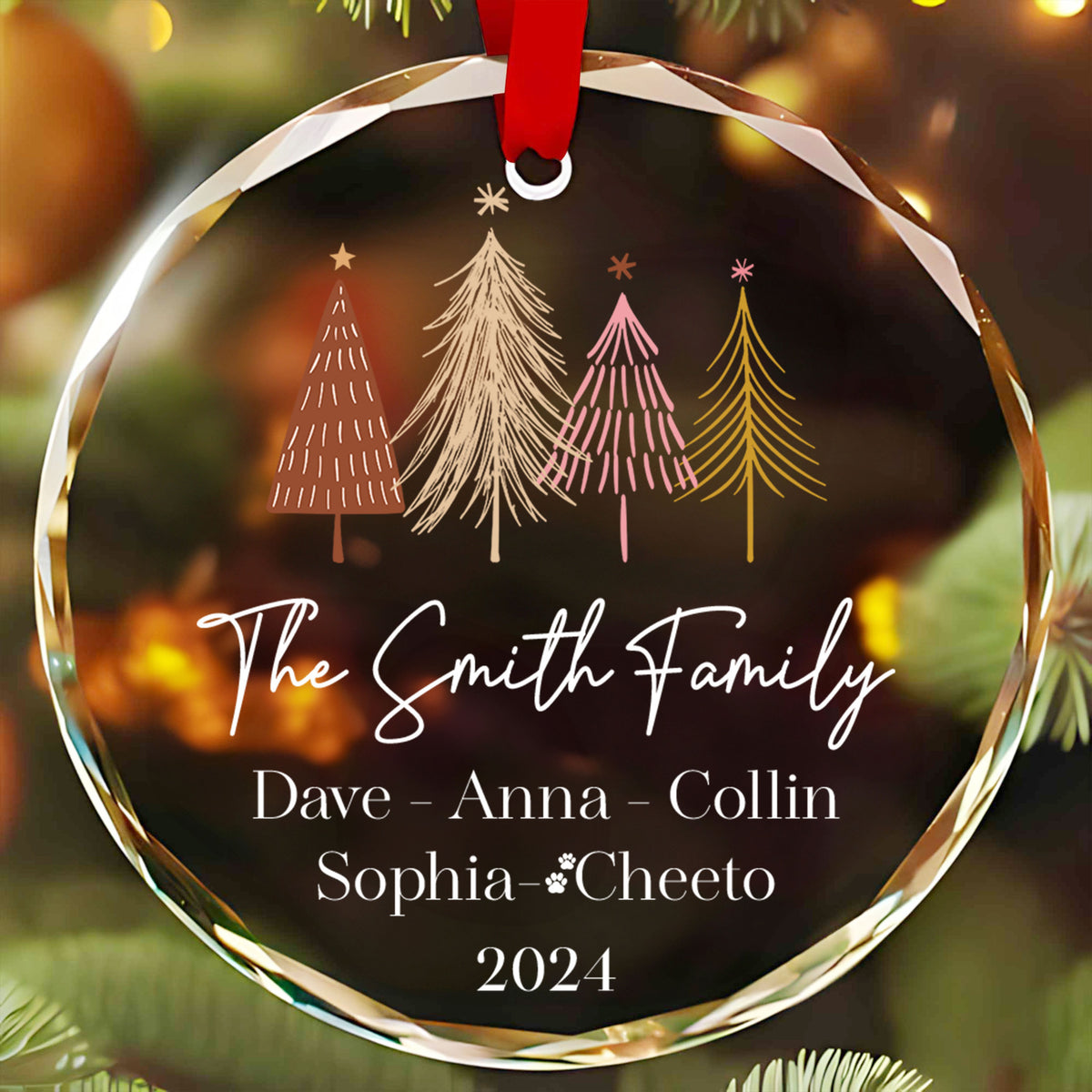 Personalized Christmas Trees Family Names Glass Ornament, Holiday Gift