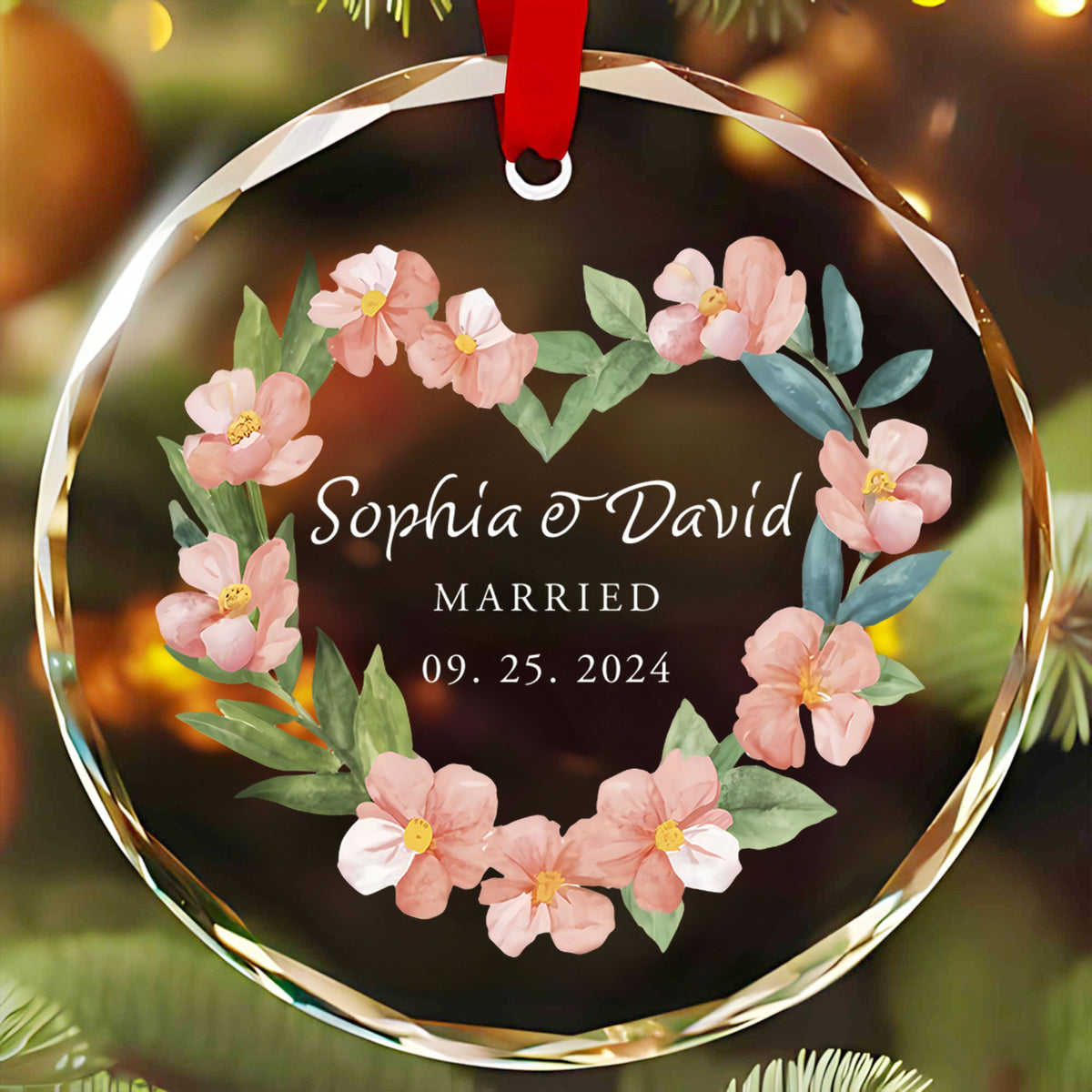 Personalized Watercolor Blue Heart First Christmas Married Glass Ornament, Newlywed Gift