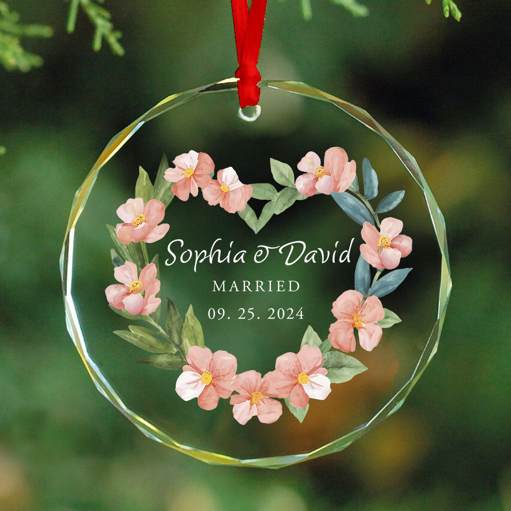 Personalized Watercolor Blue Heart First Christmas Married Glass Ornament, Newlywed Gift - image 2