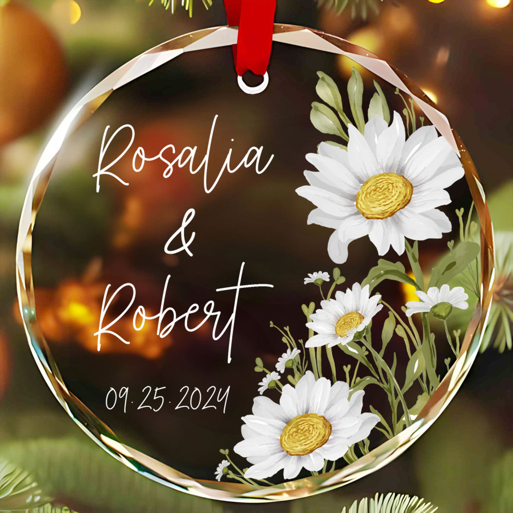 Personalized Daisy Engagement Glass Christmas Ornament, Custom Engagement Gift