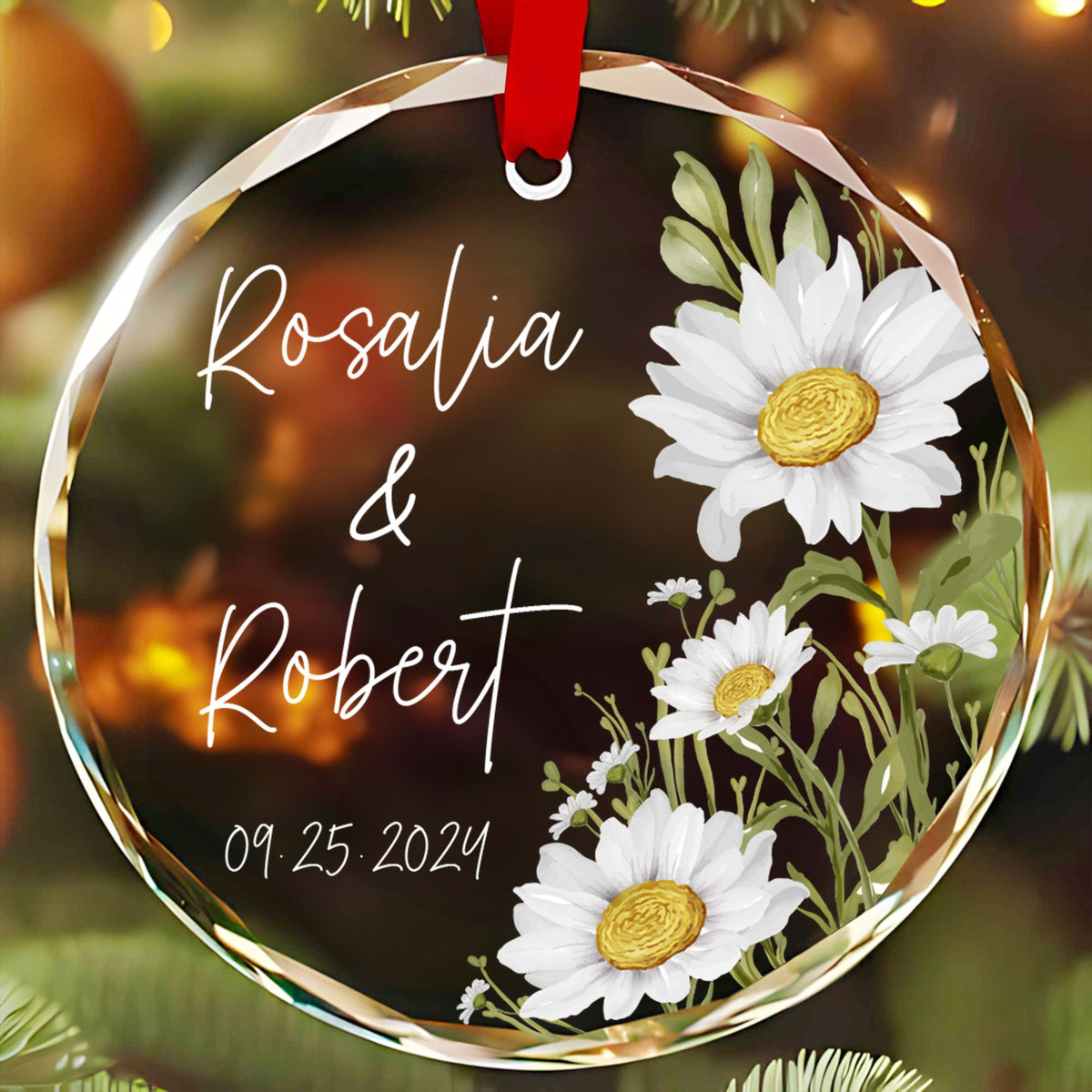 Personalized Daisy Engagement Glass Christmas Ornament, Custom Engagement Gift