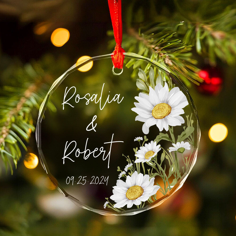 Personalized Daisy Engagement Glass Christmas Ornament, Custom Engagement Gift - image 2