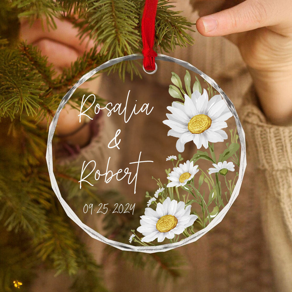 Personalized Daisy Engagement Glass Christmas Ornament, Custom Engagement Gift - image 3