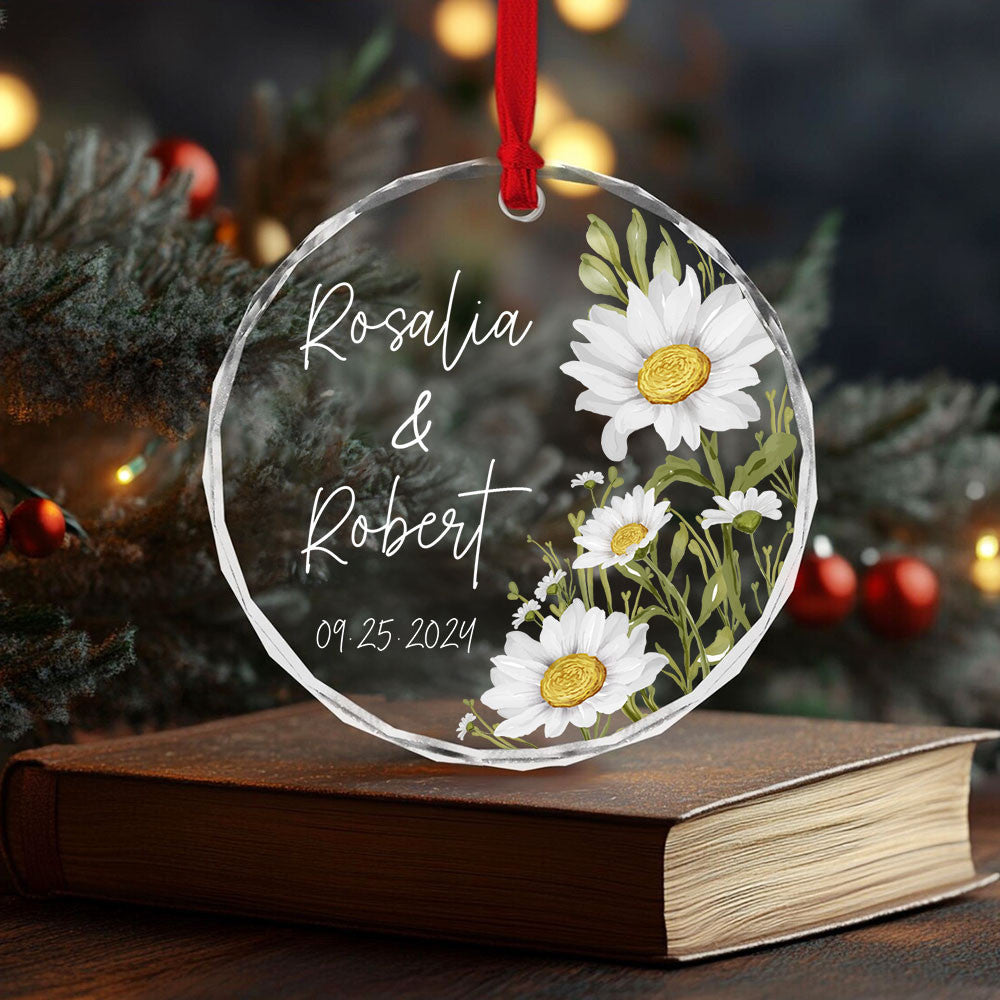 Personalized Daisy Engagement Glass Christmas Ornament, Custom Engagement Gift - image 4