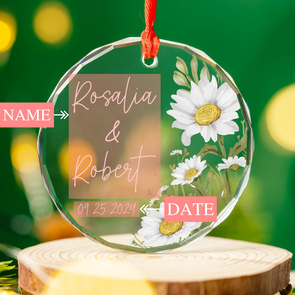 Personalized Daisy Engagement Glass Christmas Ornament, Custom Engagement Gift - image 5