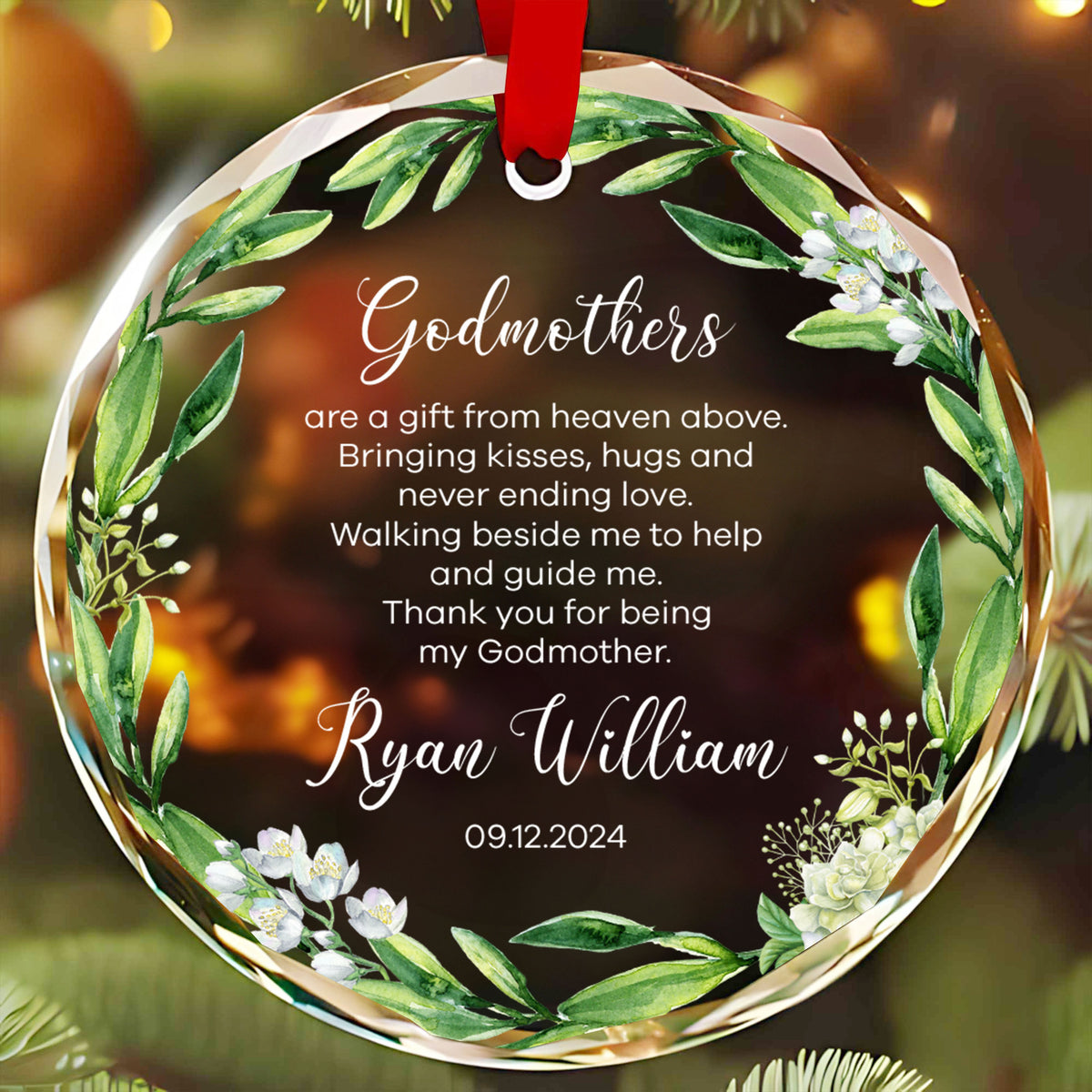 Personalized Baptism Glass Christmas Ornament, Godmother Gift