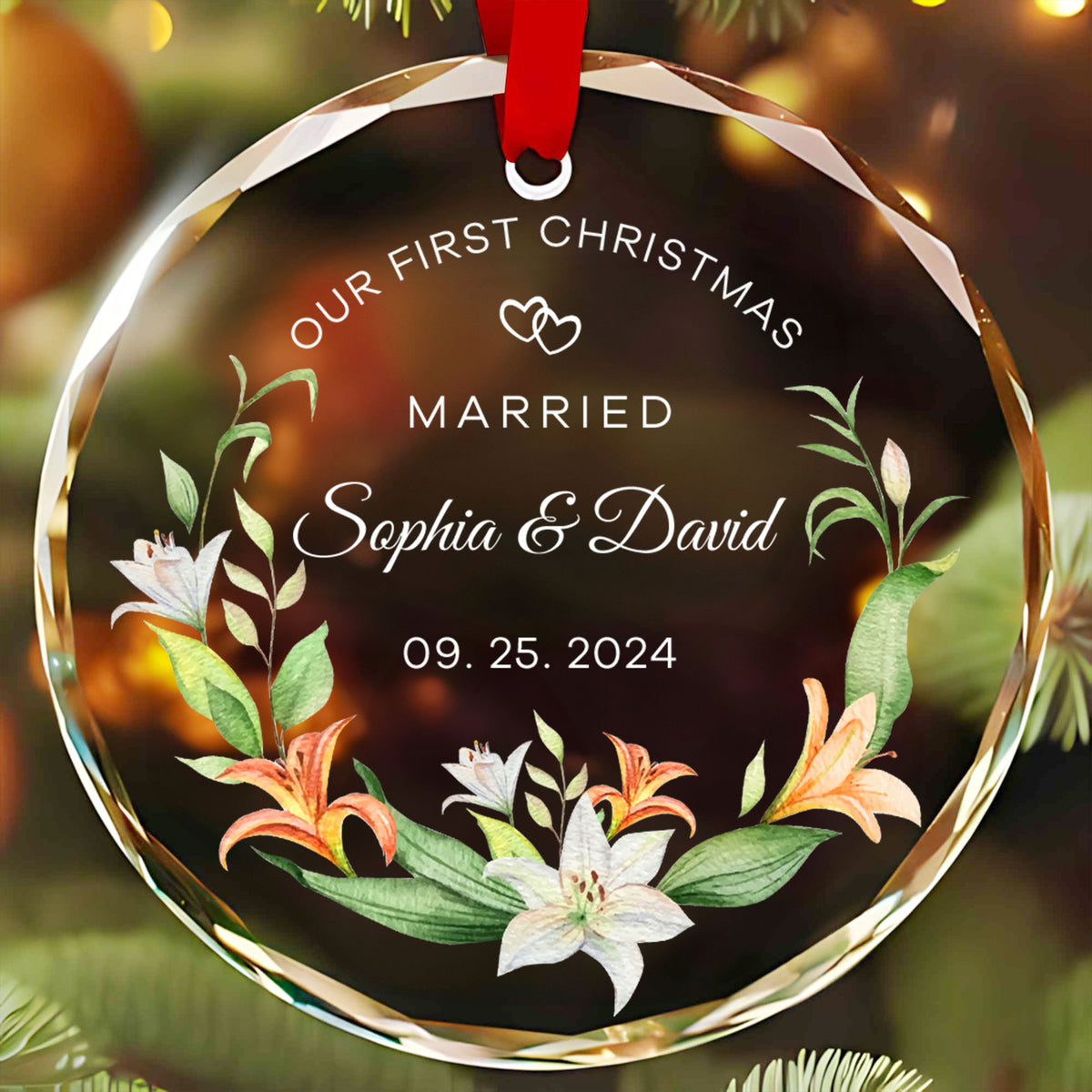 Personalized Floral Engagement Together Glass Christmas Ornament, Couples Gift