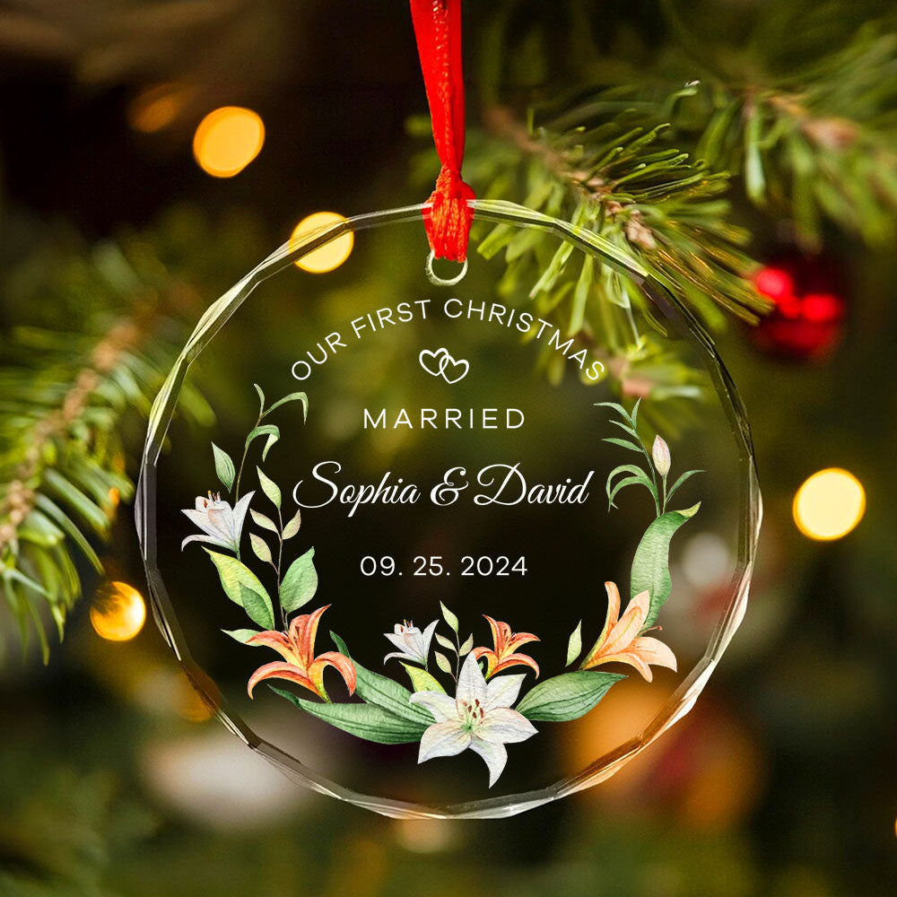 Personalized Floral Engagement Together Glass Christmas Ornament, Couples Gift - image 2