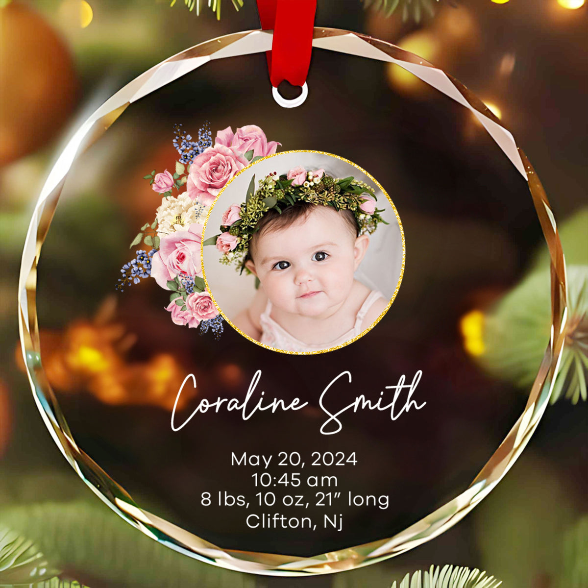 Personalized Birth Stats Baby Info Glass Christmas Ornament, New Baby Gift