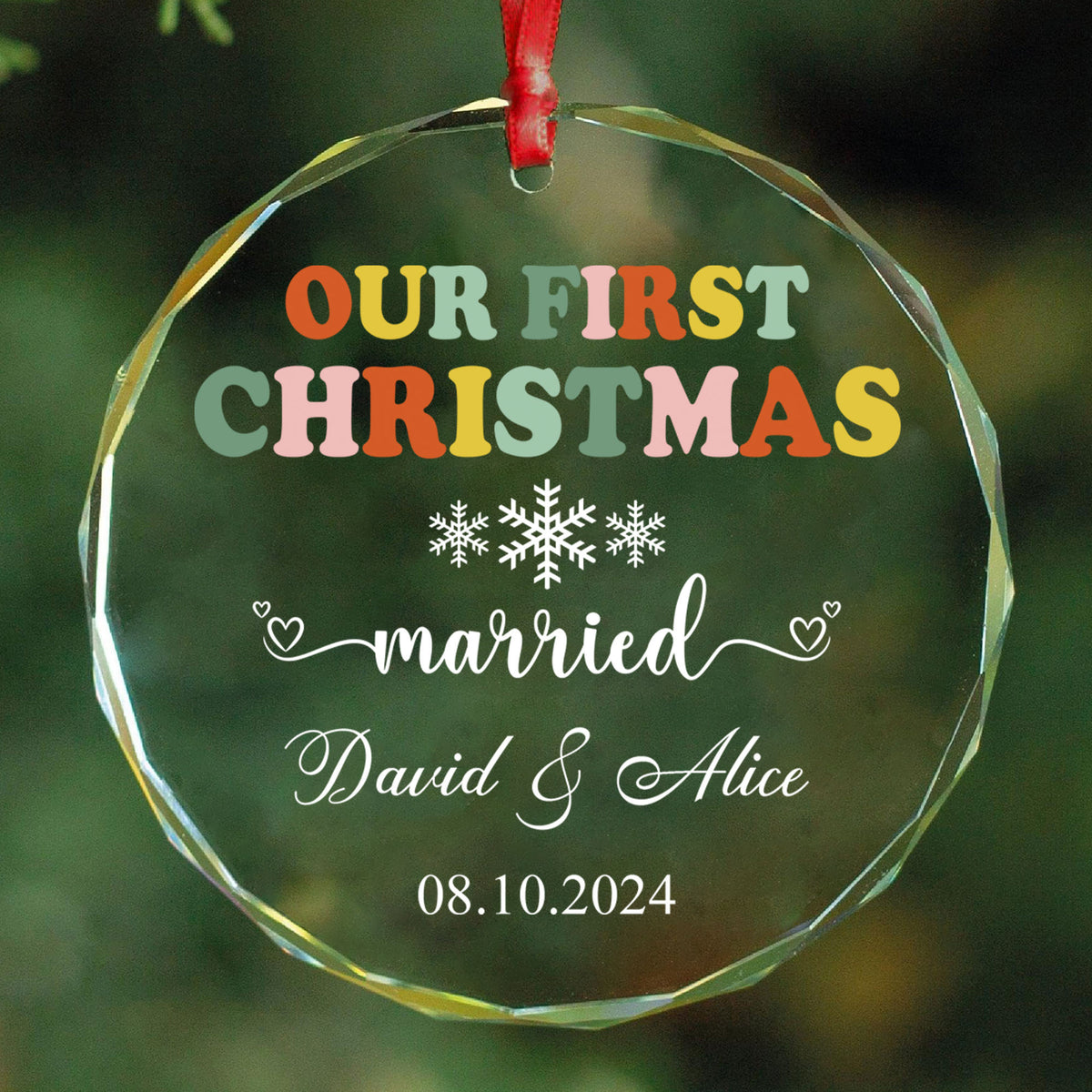 Personalized Groovy Christmas Newlywed Glass Ornament, Retro Wedding Gift