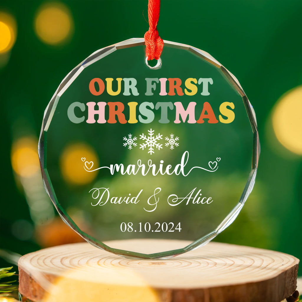 Personalized Groovy Christmas Newlywed Glass Ornament, Retro Wedding Gift - image 3