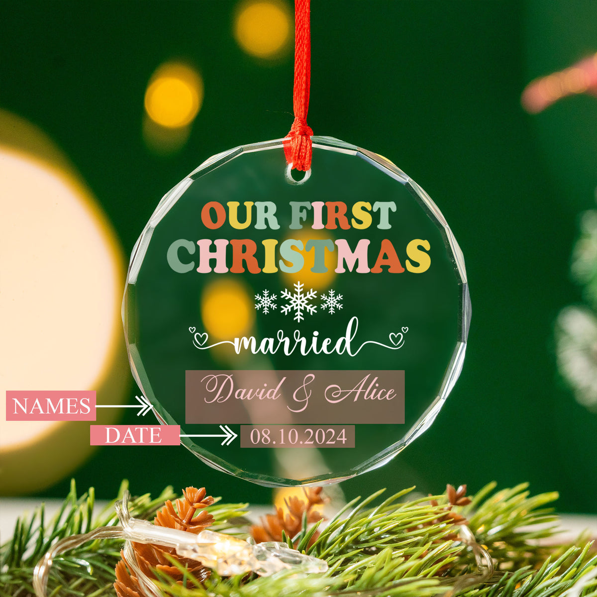 Personalized Groovy Christmas Newlywed Glass Ornament, Retro Wedding Gift - image 5