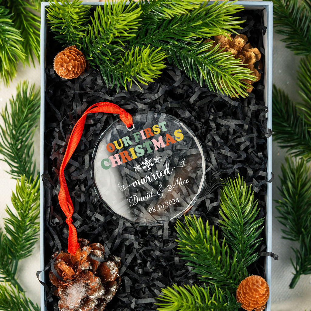 Personalized Groovy Christmas Newlywed Glass Ornament, Retro Wedding Gift - image 6