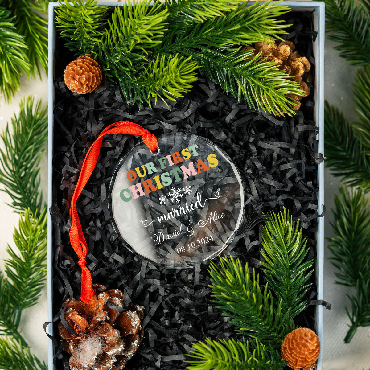 Personalized Groovy Christmas Newlywed Glass Ornament, Retro Wedding Gift - image 6
