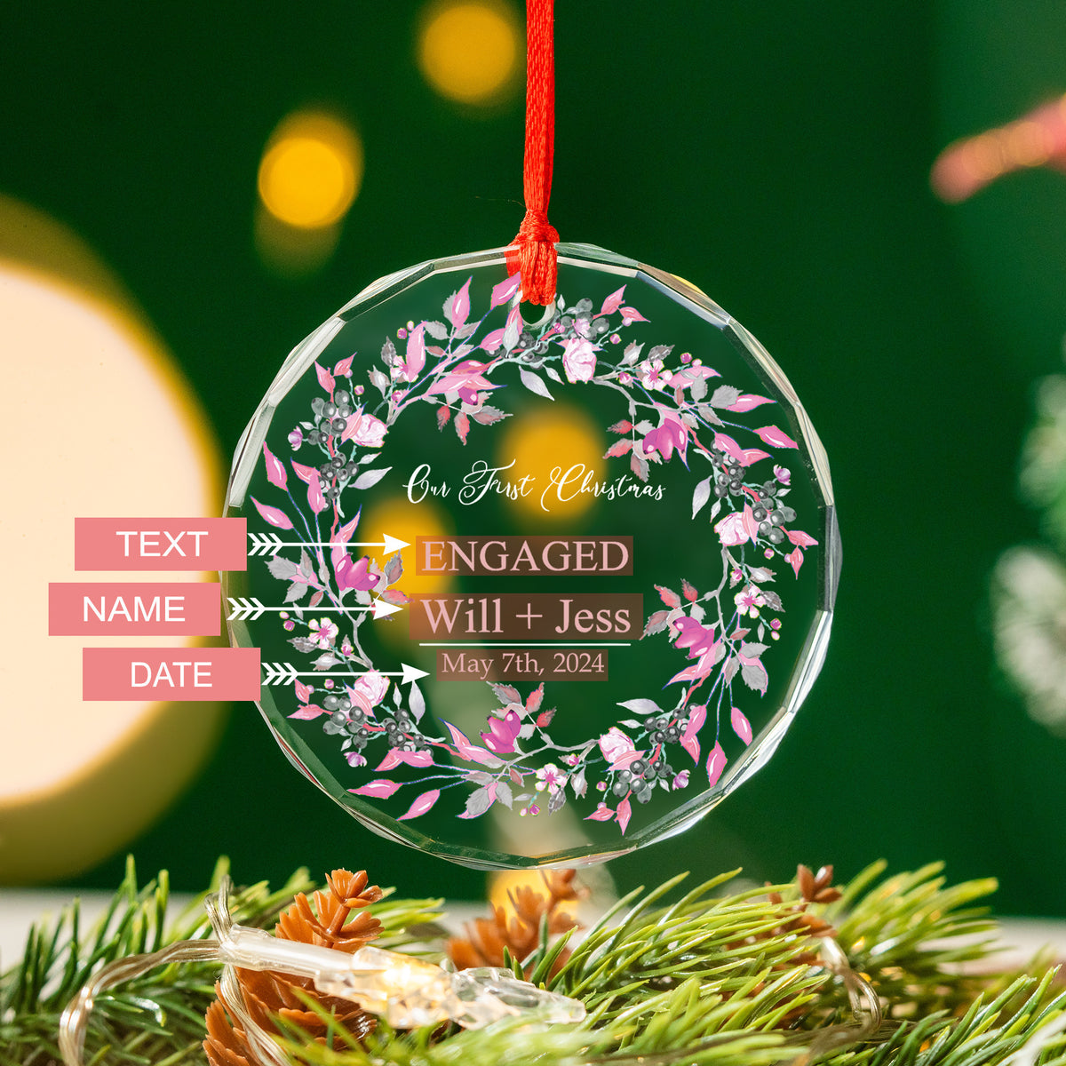Personalized Couples Glass Christmas Ornament, Engagement Gift - image 5