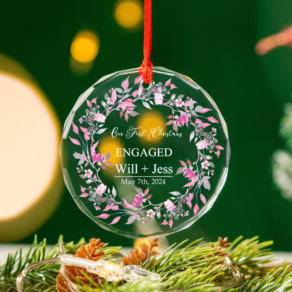 Personalized Couples Glass Christmas Ornament, Engagement Gift
