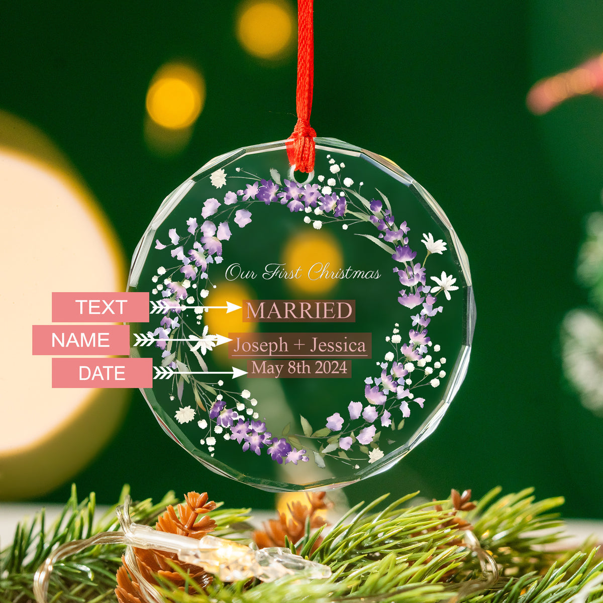 Personalized Lavender Our First Christmas Married Glass Ornament, Wedding Gift - image 2