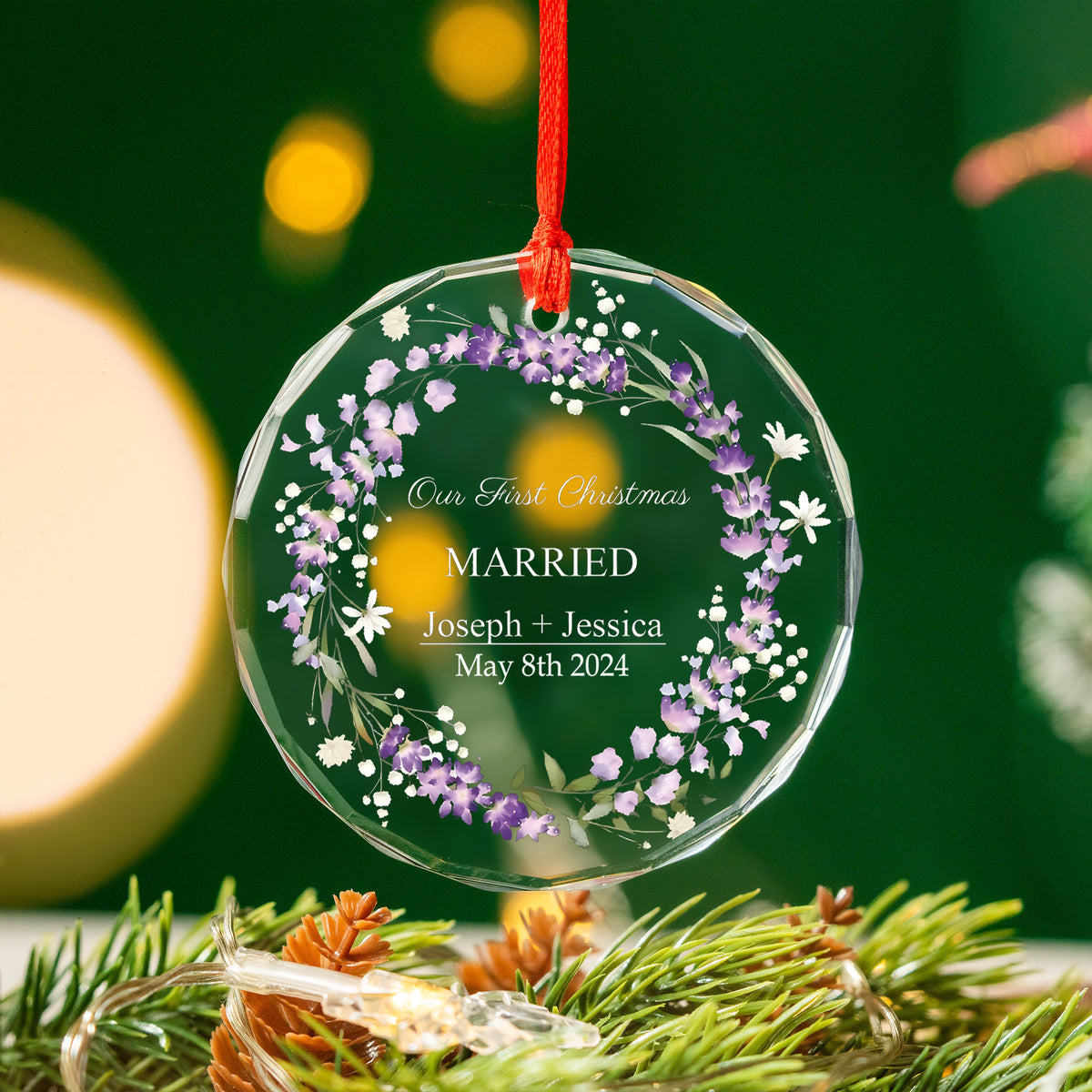 Personalized Lavender Our First Christmas Married Glass Ornament, Wedding Gift