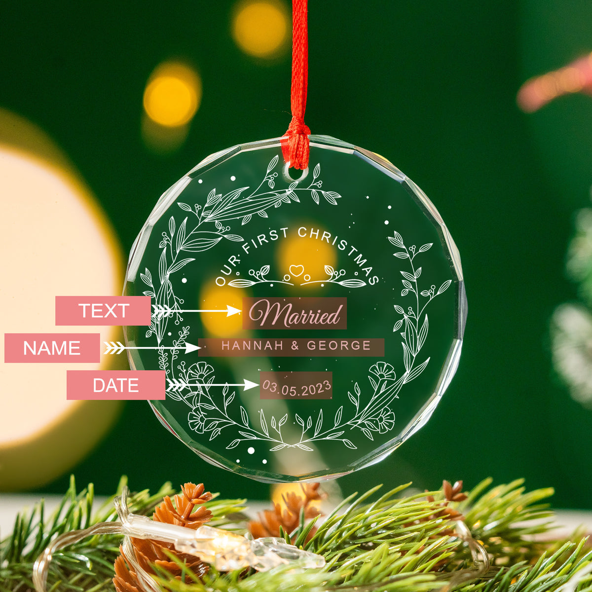 Personalized First Christmas as Married Wedding Date Glass Ornament, Couples Gift - image 2