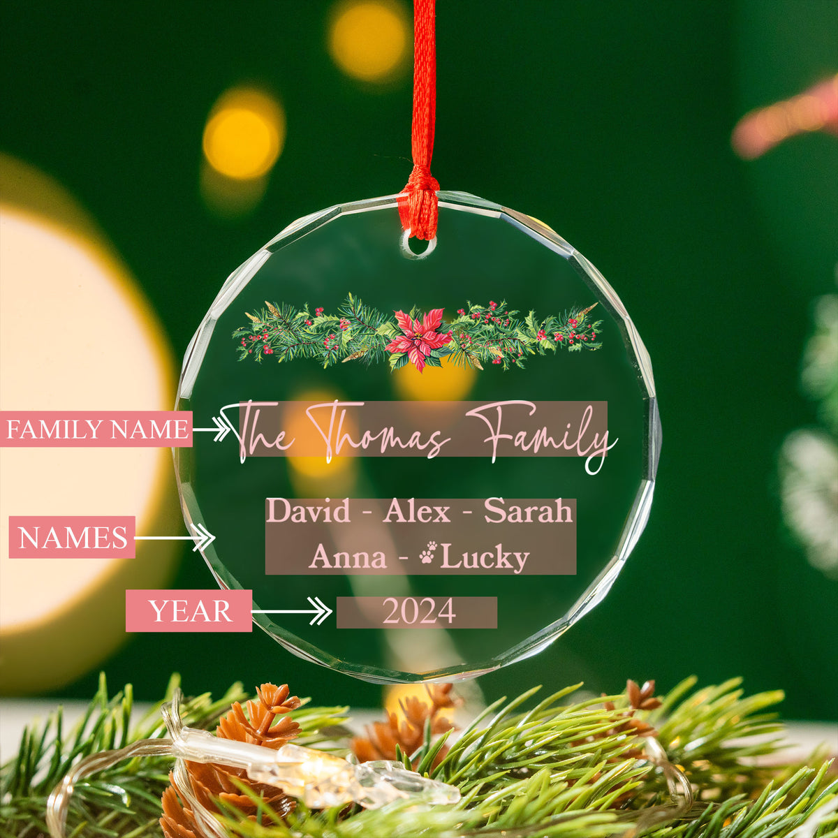 Personalized Christmas Tree Family Glass Ornament with Pets 2026, Family Gift - image 2
