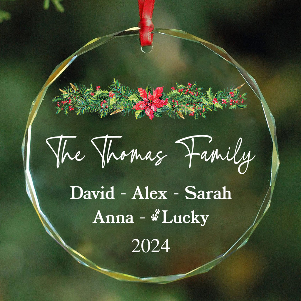 Personalized Christmas Tree Family Glass Ornament with Pets 2026, Family Gift