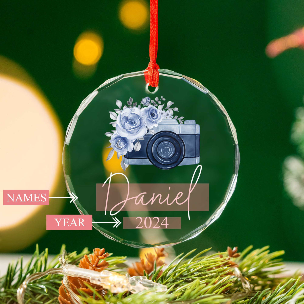 Personalized Watercolor Camera Glass Christmas Ornament, Photographer Christmas Gift - image 2
