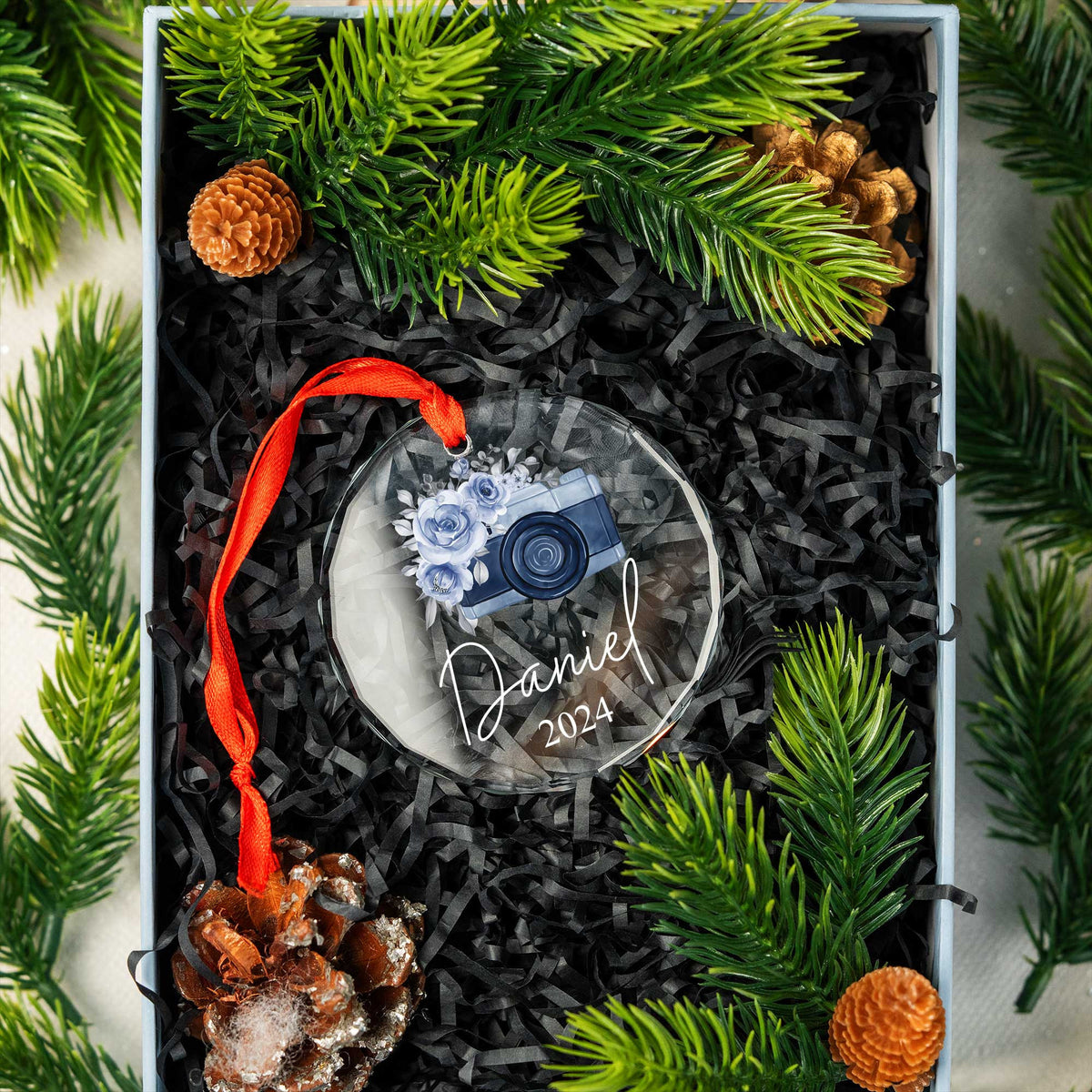 Personalized Watercolor Camera Glass Christmas Ornament, Photographer Christmas Gift - image 3