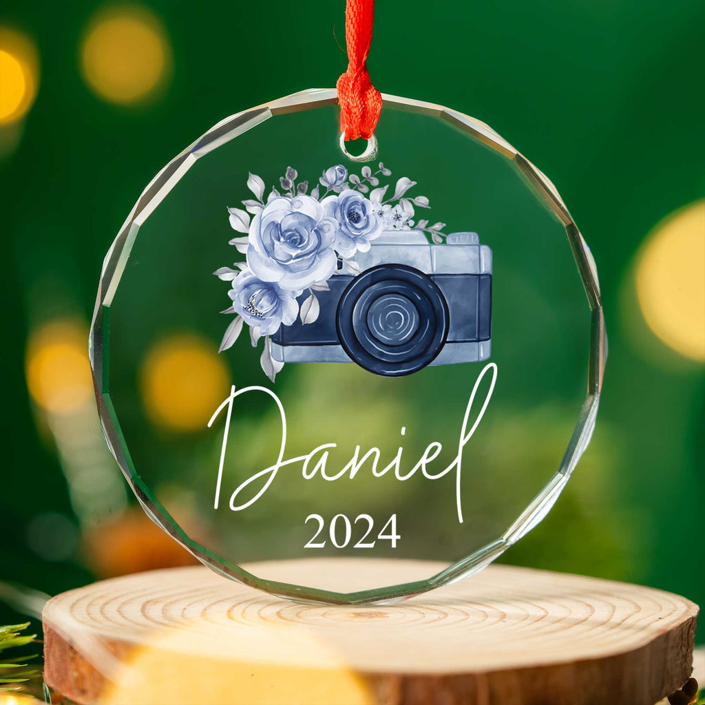 Personalized Watercolor Camera Glass Christmas Ornament, Photographer Christmas Gift - image 6