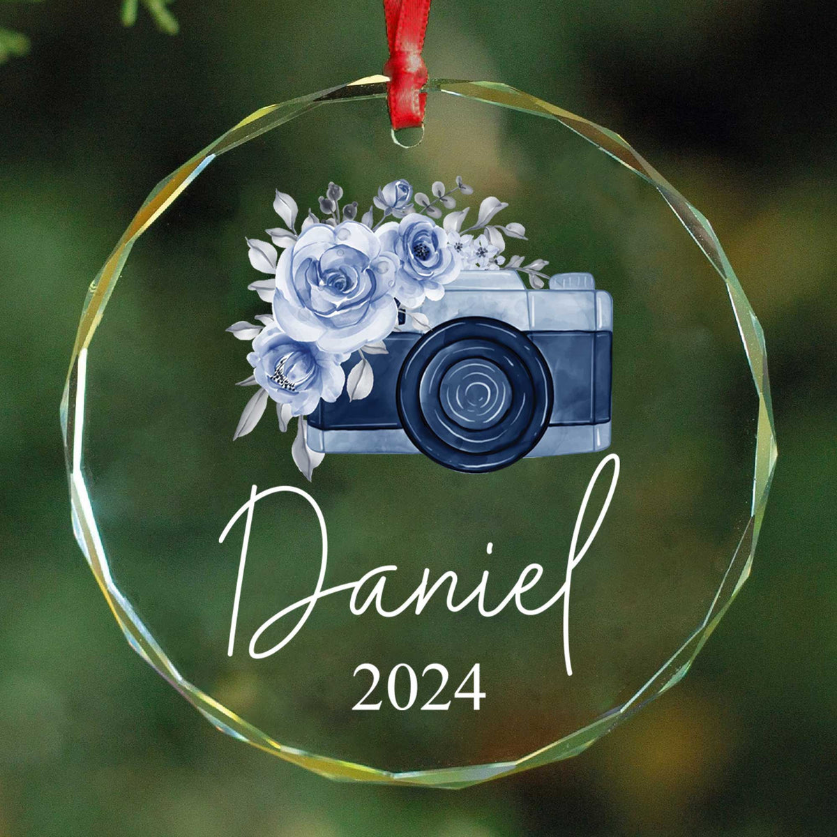 Personalized Watercolor Camera Glass Christmas Ornament, Photographer Christmas Gift
