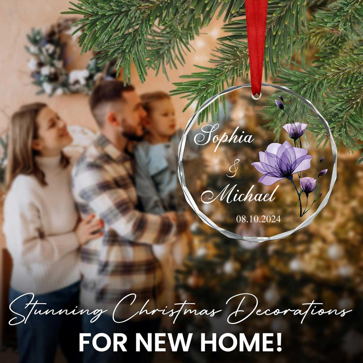 Personalized Purple Flowers Engagement Glass Christmas Ornament, Together Couple Gift - image 2