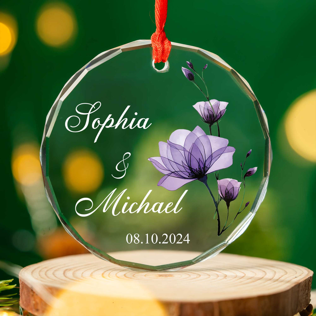 Personalized Purple Flowers Engagement Glass Christmas Ornament, Together Couple Gift - image 3