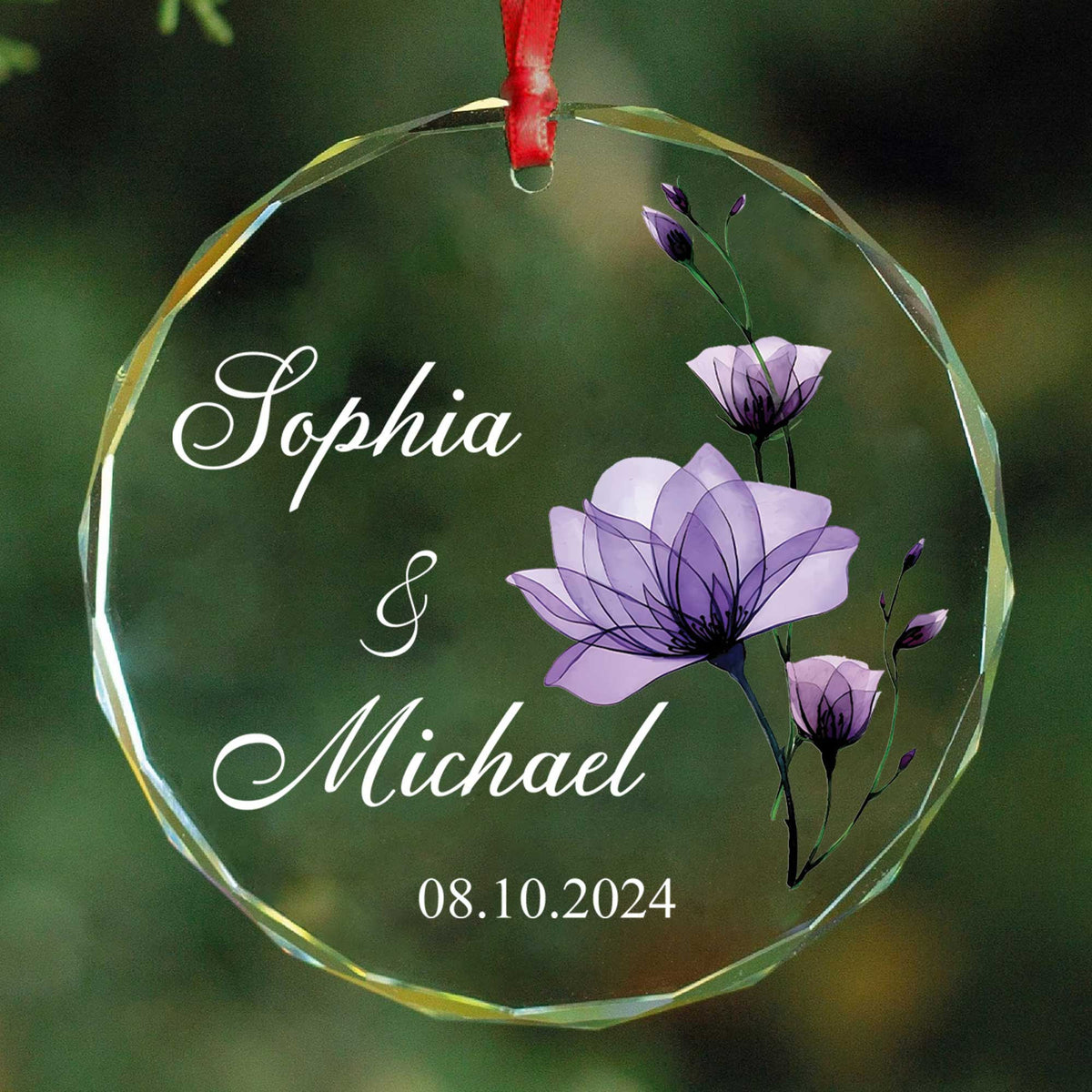 Personalized Purple Flowers Engagement Glass Christmas Ornament, Together Couple Gift
