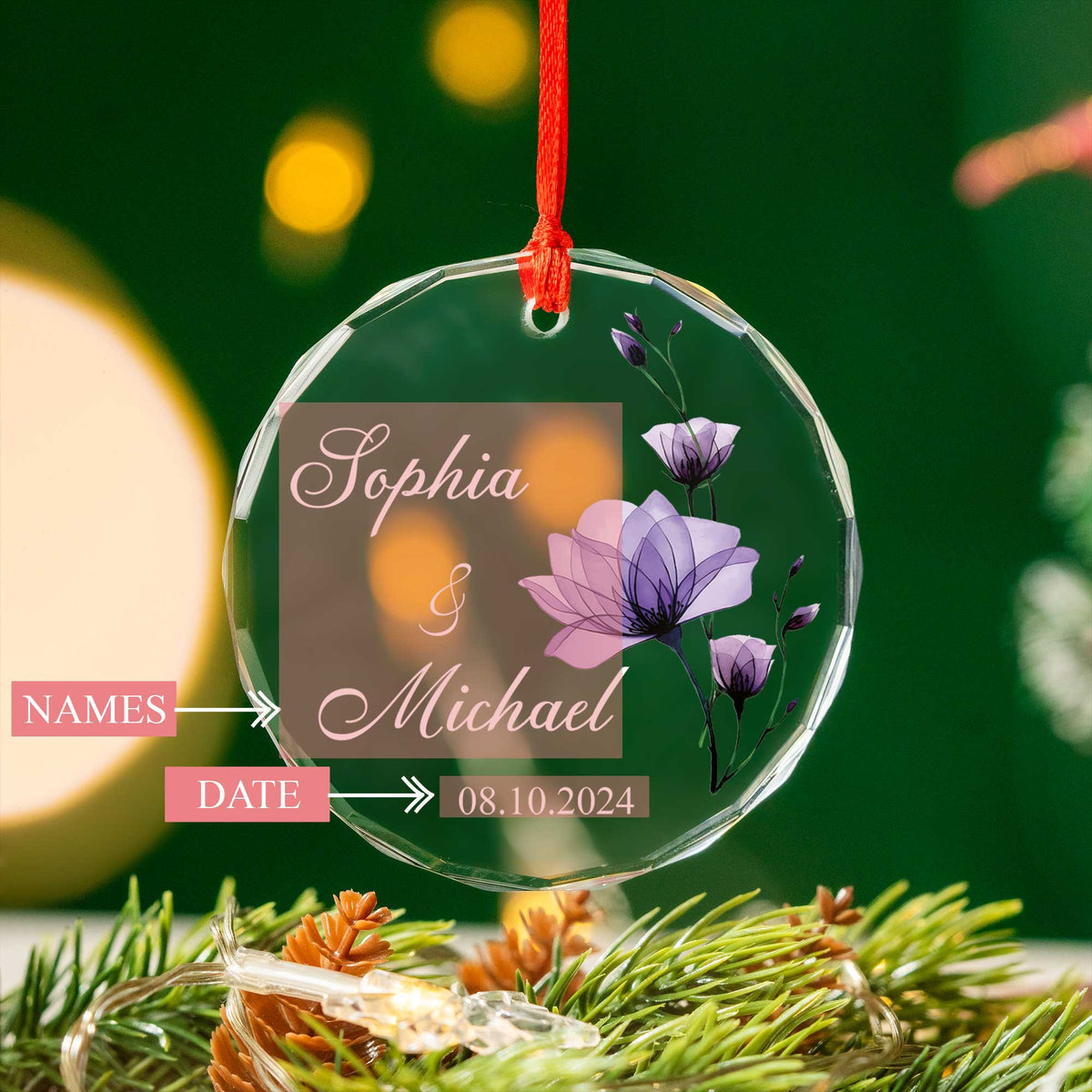 Personalized Purple Flowers Engagement Glass Christmas Ornament, Together Couple Gift - image 5