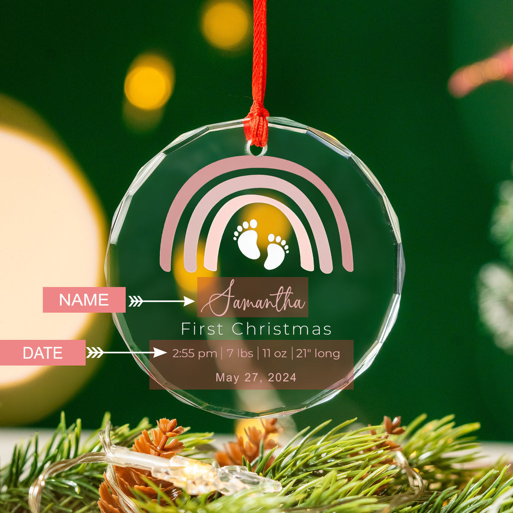 Personalized Rainbow Baby's First Christmas Glass Ornament, New Baby Gift - image 2